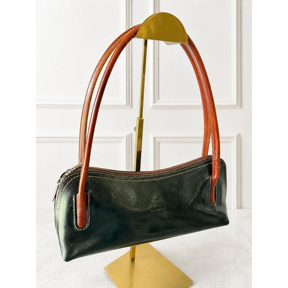 Del Borgo Vintage Black Italian Leather Baguette Handbag Cognac Handles MINT
